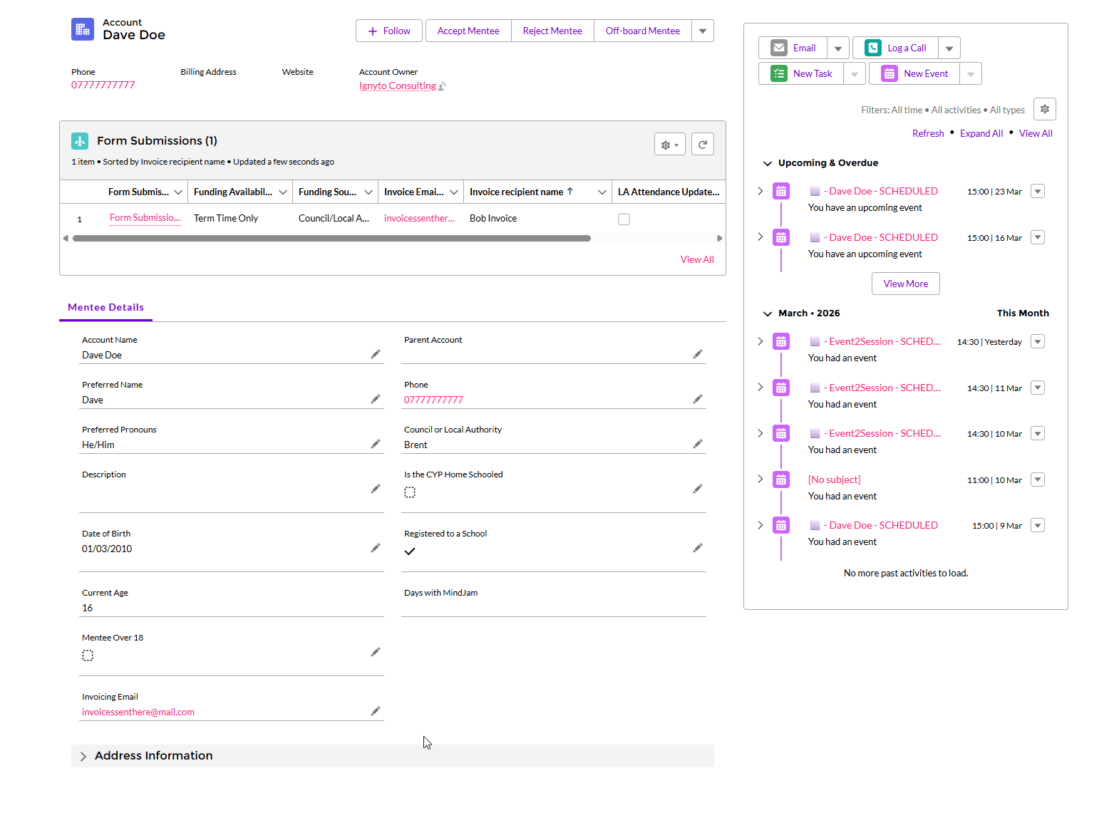 Opening a mentee profile by clicking on the mentee name