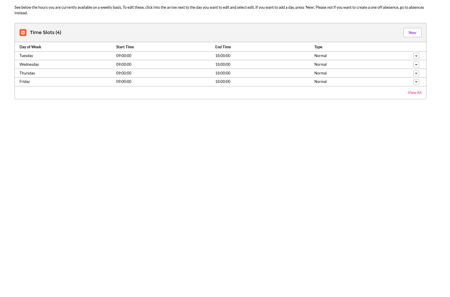 Example of split availability time slots