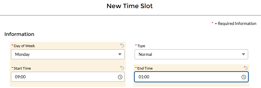 Example of entering Monday 9:00 to 1:00 in a time slot