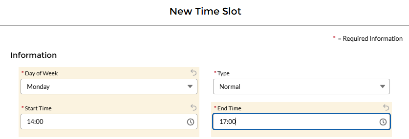 Example of entering Monday 2:00 to 5:00 in a time slot