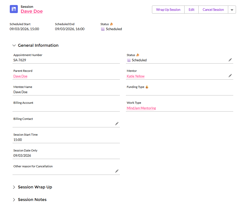 Opening a mentee profile by clicking on the young person's name