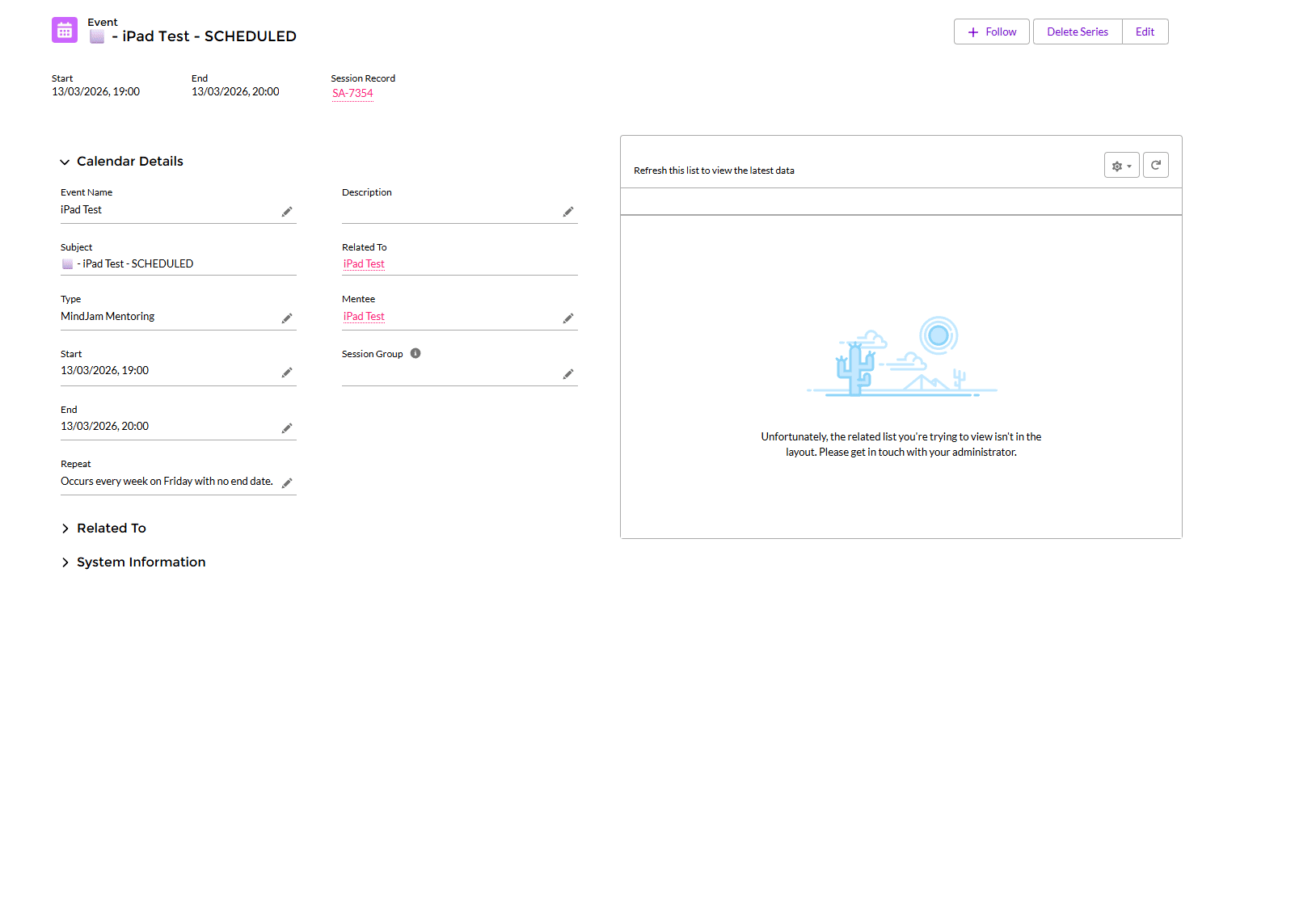 Deleting an event using the Delete Series option
