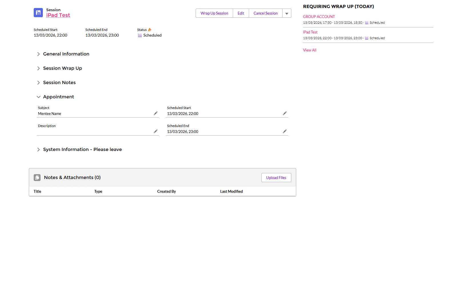 Opening a Service Appointment and clicking Wrap Up Session