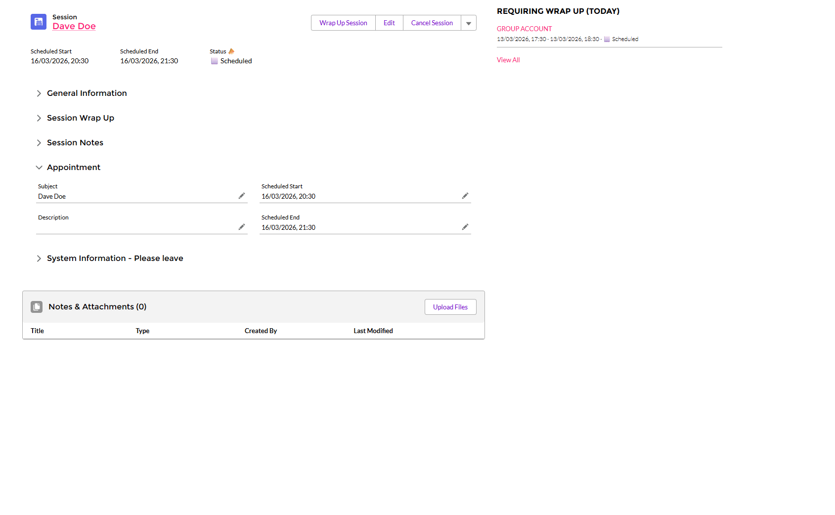 Cancelling a session from the Service Appointment